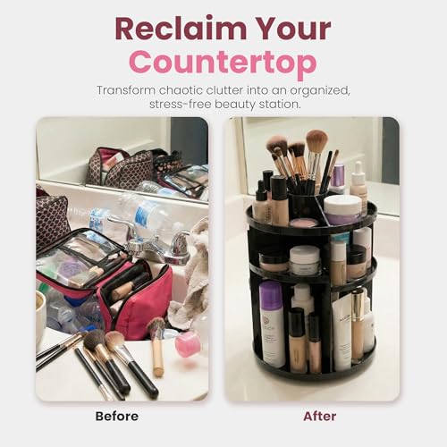 360 Rotating Makeup Organizer - Adjustable Shelf Height and Fully Rotatable. The Perfect Cosmetic Organizer for Bedroom Dresser or Vanity Countertop. (Black) - color: Black
