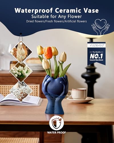 8" Heart Hand Navy Blue Ceramic Vase - Unique Modern Aesthetic Flowers Vase for Living Room Bedroom Office Kitchen Table Centerpiece or Shelf Decor-Gifts for Wedding Bridal Shower Women Mom (Blue) - color: Blue