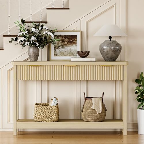 Lulive 51" Fluted Console Table for Entryway, Entryway Table with 3 Wooden Drawers, Farmhouse Behind Sofa Table for Living Room, Hallway, Couch, Foyer - color: Natural