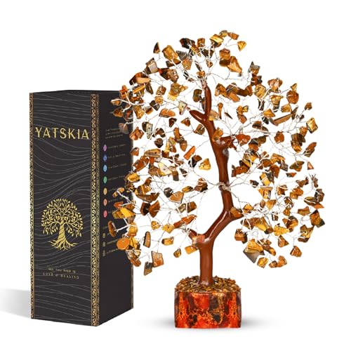 YATSKIA Tiger Eye Crystal Tree - Tree of Life - Tiger Eye Stone - Reiki Gifts - Gemstone Tree - Spiritual Decor - Crystal Decor - Chakra Decor - Metaphysical Gifts - Chakra Stones - Home Office Decor - color: Tiger Eye Silver Wire