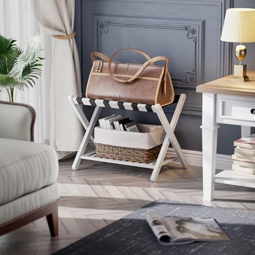 SMIBUY Luggage Rack, Foldable Bamboo Suitcase Stand with Storage Shelf for Guest Room, Bedroom, Hotel, Heavy-Duty, 1 Pack (White) - color: White