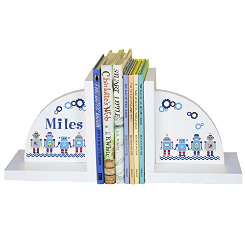 My Bambino Personalized Bookends for Kids | Bookends White Wood Book Ends for Children's Books (Robots) | Custom Name Book Ends | Nursery & Kids Room Gift - color: Robots
