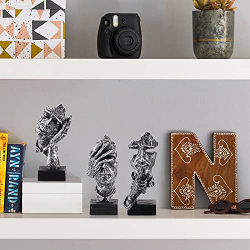 MOLIGOU 3Pcs Thinker Statue, No Hear No See No Speak Abstract Art Figurine, Sculpture Decor for Office, Desktop, Bookshelf (Silver)