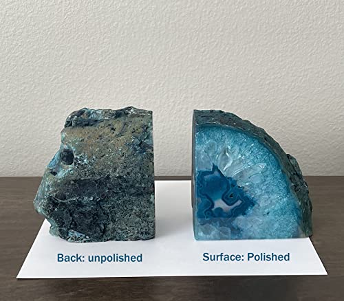 AMOYSTONE Teal Agate Geode Bookends, Unique Natural Crystal Book Holder 2-3 LBS with Rubber Bumpers, Sujetalibros for Small Books and Kitchen Cookbooks, Stylish and Functional - color: Teal, size: 2-3 Pounds