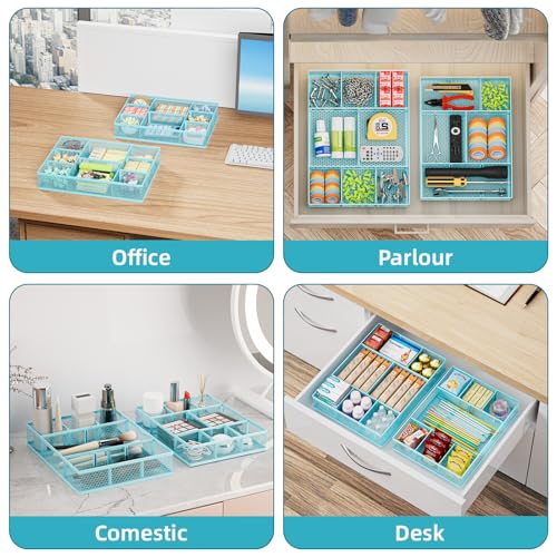 Marbrasse 2 Pack Desk Drawer Organizer, Mesh Drawer Organizer Tray with 8 Adjustable Compartments, Desk Organizers and Accessories, 5 Dividers Drawer for Office Supplies, Makeup & Vanity (Blue) - color: Blue