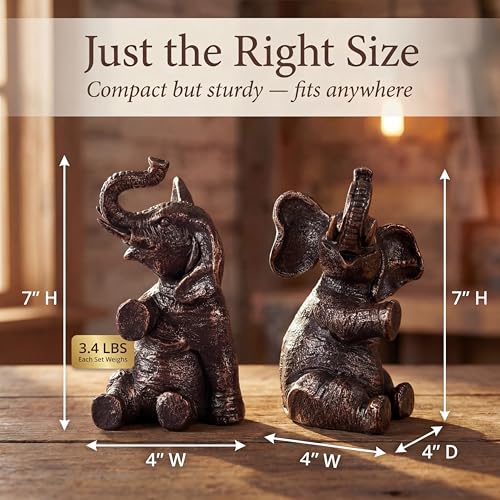 Elephant Bookends with Non-Slip Padding - Heavy Duty Book Ends for Shelves - Gold Decorative Bookend Unique - Vintage Animal Holders for Heavy Books - Living Room Bookshelf Decor - 4 x 4 x 7 Inches