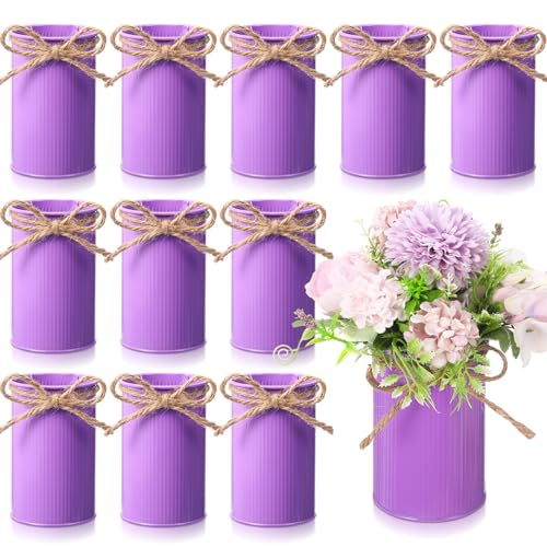 Rustic Vase for Table Centerpieces 4.33 Inch Small Petite Flower Vase with Twine Bow Vintage Farmhouse Decor for Wedding Reception Dining, Home Galvanized Metal Buckets(Purple,12 Pcs) - color: Purple