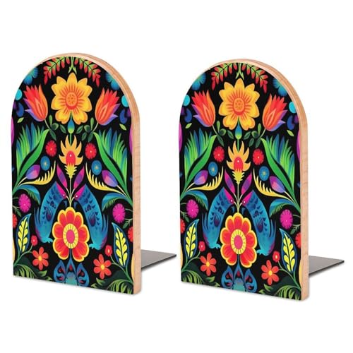 2 PCS Wood Book Ends,Mexican Style Colorful Striped Flower Bookends for Shelves Non Skid Book Ends for Office Home Kitchen, Bookends for Holiding Books 5x3 Inch