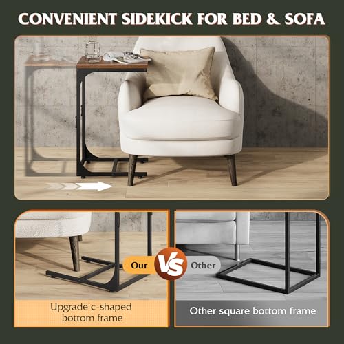 WLIVE C Shaped End Table, Small Couch Side Tables with Metal Frame That Slide Under, Sofa Table TV Tray for Living Room, Bedroom, Rustic Brown - color: Rustic Brown