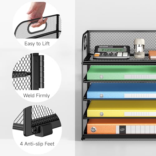 Lavatino 5 Tray Desk File Organizer, Black Mesh Paper Sorter Letter Tray Organizer with Handle, Desktop File Organizer and Storage for Letter/A4 Office File Folder - color: 5 Tier - Black, size: 12.6" x 9.1" x 11.5"