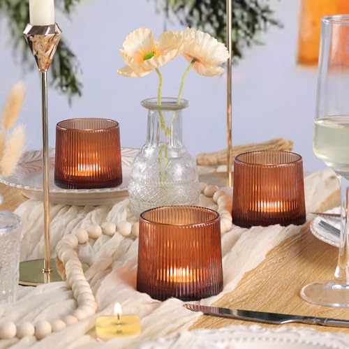 Amber Ribbed Tealight Votive Candle Holders Set of 10- Votive Candle Holders for Table Centerpiece, Tea Light Candle Holder Glass for Wedding and Home Decor, Blue Decor and Gifts - color: Amber, size: 10Pcs