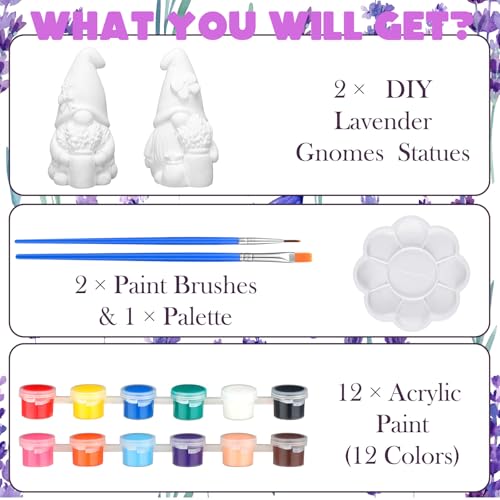Seenelling 2 Pack Lavender Dream Gnomes Ready to Paint Your Own Statues 4'' DIY Unpainted Ceramics Figurines Kit Paintable Ceramics Art and Crafts Purple Fragrance Wonderland Journey Decor - style: Lavender Gnomes