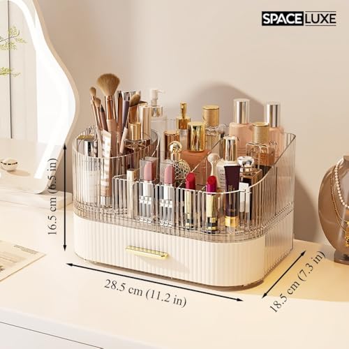 Makeup Organizer with Drawers and 360° Rotating Brush Holder, Large Capacity Cosmetic Storage for Vanity, Skincare, Perfume, Hair Accessories, Lipstick & Jewelry (Cream White, 2-layer) - color: Cream White, size: 2-layer