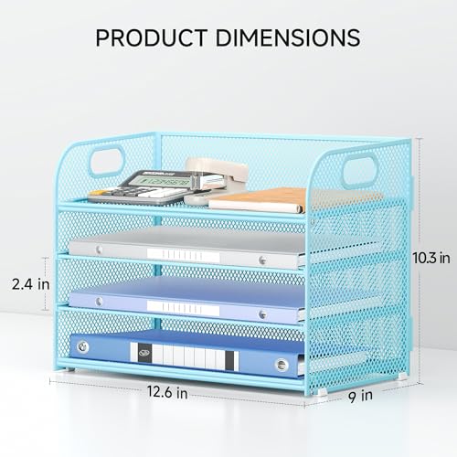 Lavatino 4-Tier Paper Organizer Trays - Blue Mesh File Folder Sorter with Handles, Desk Letter Holder Organizer for Office, Home, School Supplies Storage & Organization - color: 4 Tier - Blue