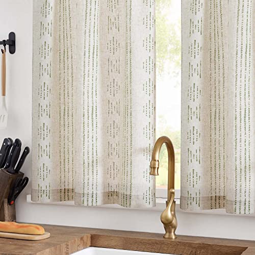 jinchan Boho Kitchen Curtains Linen Tier Curtains 24 Inches Bohemian Cafe Small Drapes Striped Mudcloth Farmhouse for Bathroom RV Camper Light Filtering Rod Pocket 2 Panels Green on Beige - color: Boho Green on Beige, size: 26"W x 24"L (Pack of 2)