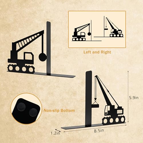 Construction Truck Decorative Bookends for Boys Room - Durable and Cute Design, Perfect for Nursery and Kids' Book Ends（Crane） - color: Black Crane