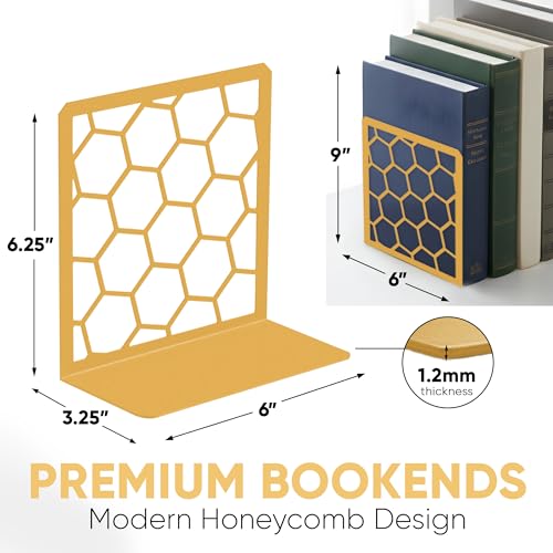 GEOMOD Geometric Honeycomb Gold Metal Bookends Decorative - Tall Sturdy Book Ends for Shelves - Modern Heavy Duty Bookend Stopper - Office or Home Book Shelf Book Holder - 6x3.25x6.25 Inches - 2 Pair - color: Gold, size: 2 Pairs, style: Honeycomb