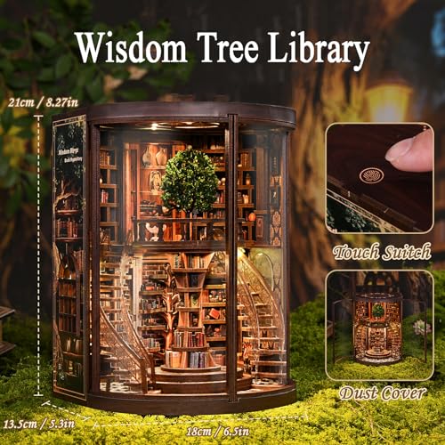 Wisdom Tree Library Book Nook Kit, DIY 3D Wooden Puzzle with Rotating Staircase, LED Light & Dust Cover, Premium Solid Wood Bookend, Vintage Decor, Creative Gift for Adults & Book Lovers - style: Wisdom Tree Library