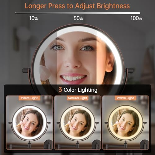 5000mAh Rechargeable Wall Mounted Lighted Makeup Vanity Mirror Double Sided 1X 30X Magnifying Bathroom Mirror, 3 Color Lighting, Touch Dimming, Extended Arm 360 Rotation Light up Mirror Antique Bronze - color: Antique Bronze