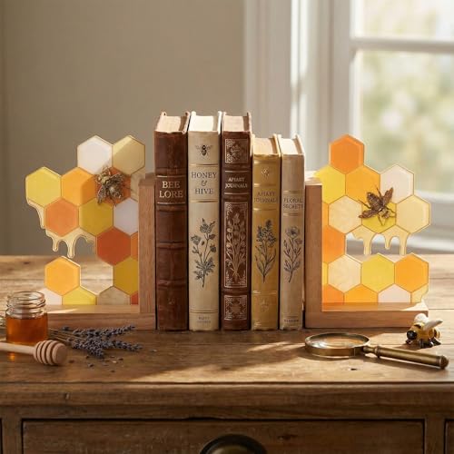 1 Pair Honeycomb Bookends Decorative Wooden Book Ends for Shelves Bookshelf Modern Honey Bookend Stoppers Holder for Office Home Desk Book Lover Gift 9.5 x 6 x 3.5 Inches