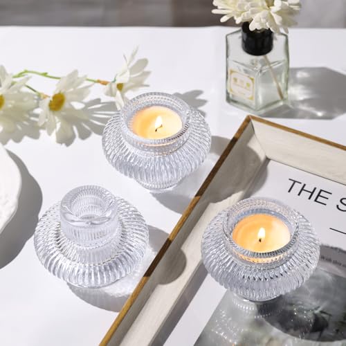 Glass Candlestick Holders 10 Pcs – Clear Ribbed Taper Candle Holders, Vintage Votive Candle Holders for Table Centerpiece, Wedding Christmas Dinner Party Decorations - color: Clear