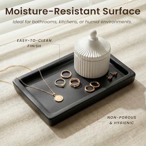MaisoNovo Black Bathroom Tray Countertop - 7.4x5.1 inch Handcrafted Ceramic Kitchen Tray for Soap Bottles, Perfume, Jewelry - Moisture Resistant - Rectangle Bathroom Dish with 4 Anti-Slip Pads - color: Black Ceramic Tray