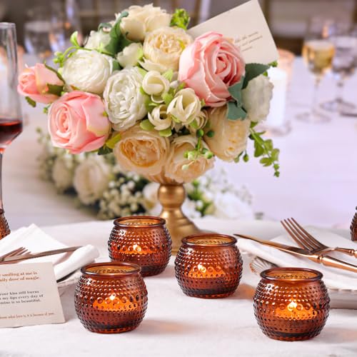 16 Pcs Amber Tea Light Candle Holders, Round Amber Glass Candle Holder with Polka Dot Embossed, Vintage Votive Candle Holders for Weddings, Home Decor, Baby Shower, Special Occasions - color: Amber
