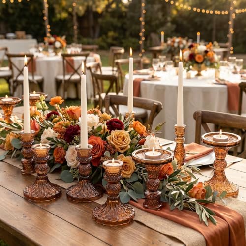 Amber Candle Holder Set of 12, Glass Taper Candle Holders, Amber Candlestick Holders, Candle Stick Holder for Table Centerpieces, Vintage, Home Decor - color: Amber