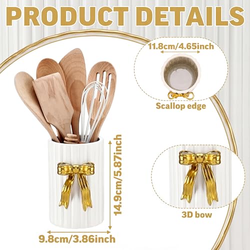 LemonRoad Ceramic Utensil Holder Kitchen Handmade Gold Bow 3D Cooking Utensil Crock with Scalloped Edge Design Vintage Retro Storage Caddy Organizer Vase Decor for Kitchen Accessories Countertop Gift - color: Gold, style: Bow
