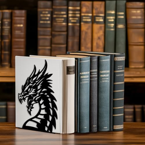 Peacoblue Metal Bookends for Shelves, Modern Decorative Heavy Duty Study Book Support Stoppers for Office, Desk, Shelf, Room 5.3"x4.3"x7.9" Cast Iron Simple Tall Bookends, 1 Pair (Dragon Head) - style: Dragon Head