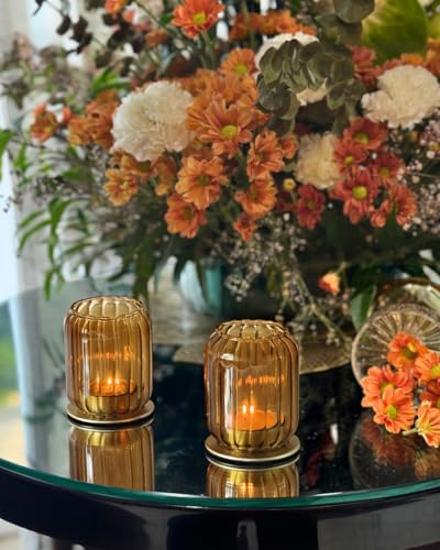 Vixdonos Glass Hurricane Tealight Candle Holder with Metal Candle Stand,Set of 3 Modern Windproof Votive Candle Holders for Wedding Party Table Centerpiece Outdoor,Amber - color: Amber