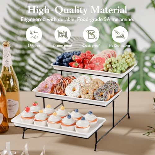 3-Tier Melamine Serving Tray Set, 14"x7" Platters for Serving Food, White Reusable Trays with Black Metal Display Stand for Cupcakes, Sevring Food, Dessert, Fruit, Cookie, Black - color: Black, size: 14" x 7"