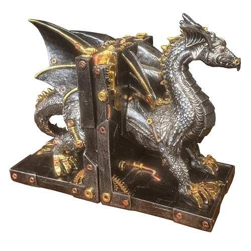 Large Steampunk Fantasy Dragon Statue, Decorative Bookends for Heavy Books, Unique Book Ends Decor for Shelves.