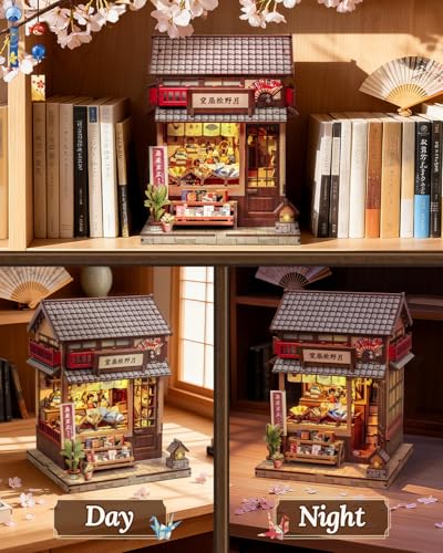 Book Nook Kit - DIY Miniature Japanese Fan House, 3D Wooden Puzzle Dollhouse with LED Lights, Tiny Bookend & Creative Bookshelf Decor, Crafts Gifts for Adults - style: Tsukino Eogi-dou