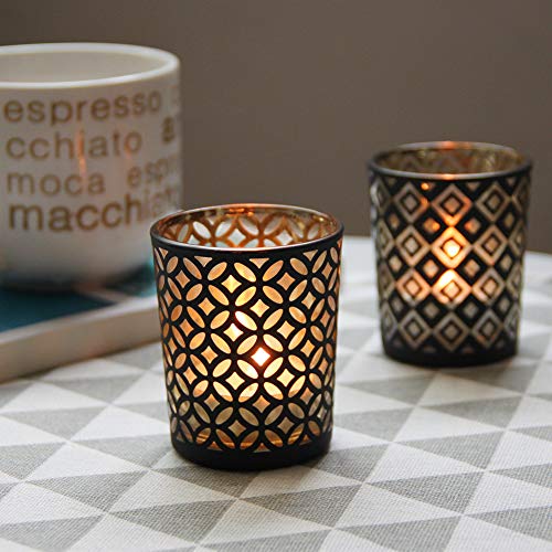 SHMILMH Black Gold Glass Votive Candle Holders Set of 12, Tealight Candle Holder with 4 Patterns for Ramadan Decorations, Eid Mubarak, Wedding Centerpiece, Modern Home Table Decor, Gift Set - color: B&g 4 Patterns