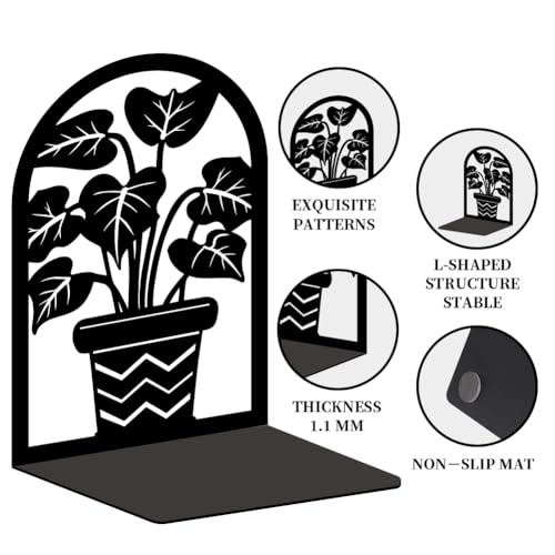 Plant Flowerpot Book Shelf Decorative Bookends for Shelves, Book Ends for Heavy Books, Flowerpot Shelf Metal Bookends for Desk Organizer, Office Library Decor Decorative Books for Home Decor - style: Leaf