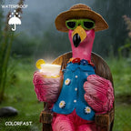 LIULO TOOL Solar Flamingo Figurines Garden Decor, Light Up Resin Flamingo Sitting on Chair Statue, Waterproof Outdoor Patio Sculpture, Cute Solar Powered Yard Decoration for Lawn Home Gift