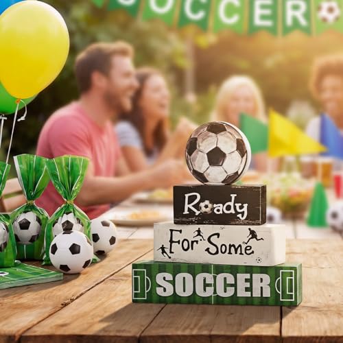 Smile Soccer Wooden Block Decor Set, 4-Piece Ready For Some Soccer Blocks & Soccer Ball Tiered Tray Tabletop Signs for Game Day & Sports Party Decorations - style: Goal