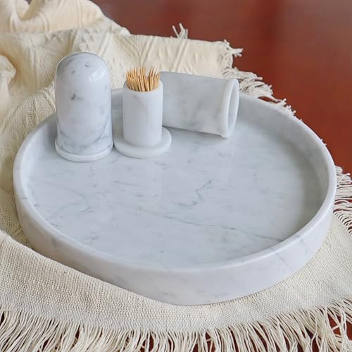 Carrara White Marble Tray Round 10 Inch, Natural Stone Perfume & Dessert Tray, Elegant Serving & Display Plate for Home, Vanity, 2 cm Deep, Non-Slip Base - color: White Carrara