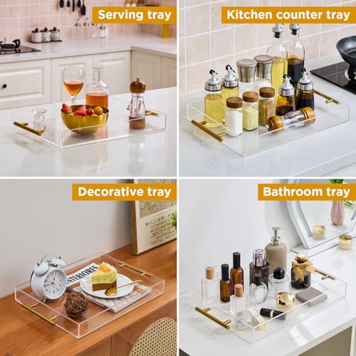 12"x16" Clear Acrylic Serving Tray with Golden Handles, Sturdy Huge Capacity Acrylic Tray for Coffee, Juice, Kitchen and Desk Organizer, Storage Tray (12"x16") - size: 16" x 12" x 2"