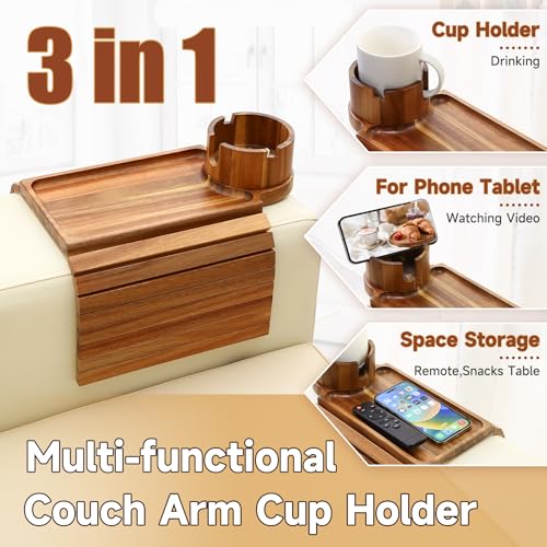 SINWANT Couch Cup Holder Tray,Acacia Wood Sofa Arm Clip on Tray Table with 360° Rotation Cup Holder,Foldable Anti-Slip Couch Armrest Table for Coffee Mug,Water Bottles,Snacks,Remote on Large Armrest - color: Acacia Wood