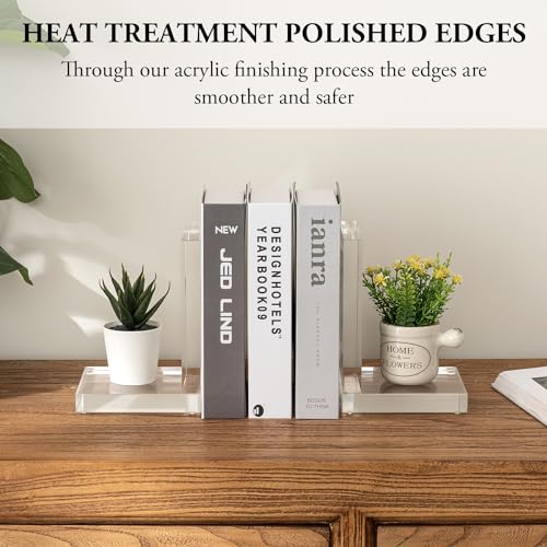 MyGift L-Shaped Decorative Bookends, Transparent Heavy Duty Non-Skid Book Ends Stopper for Shelves Home Office School, 1 Pair, Premium Hotel Style Clear Thick Acrylic