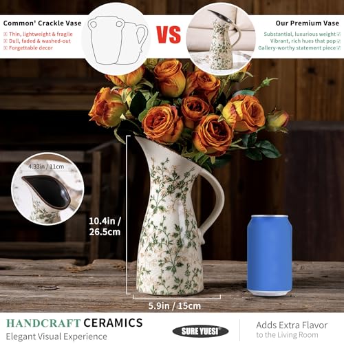Ceramic Flower Vase | Green Rustic Farmhouse Pitcher Vase for Home Decor, Vintage Floral Tuscan Vase for Living Room & Kitchen, Mantel & Bookshelf, Centerpieces, Entryway, Wedding(10.5 Inch) - color: 15-green and Beige