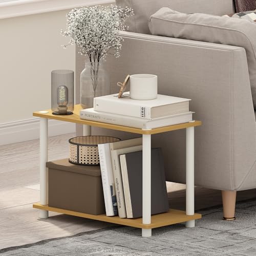 Furinno Turn-N-Tube Side Table, 2-Tier Wide End Table with Open Shelf, Toolless Assembly Night Stand, Bedside Table, for Living Room, Bedroom, Light Beech - color: Light Beech/White, size: 1-Pack