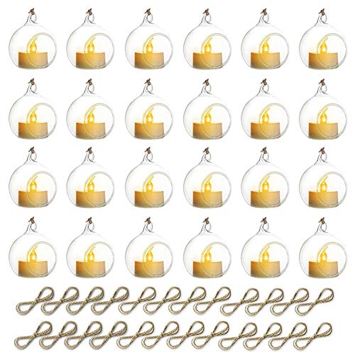 Sziqiqi Hanging Glass Globes Orbs Tea Light Candle Holders with Flameless LED Tealight for Wedding Ornaments, Wedding Birthday Christmas Party Centerpiece Accessory 2.36inch 20pcs +4 Extra - color: With Led, size: 24pcs