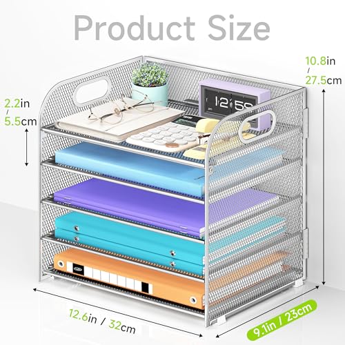 Cawukege 5 Tier Paper Organizer with Handle, Silver Metal Mesh Desk Organizer File Folder Paper Letter Tray Desktop Document Sorter for Classroom, School, Office Accessories Organization and Storage - color: Silver