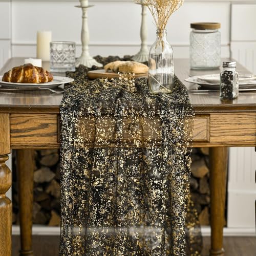 Artoid Mode 3Pcs Black Gold Gauze Table Runner 120 Inch 10FT, Glitter Metallic Foil Sheer Dining Wedding Anniversary Holiday Birthday Table Decor for Home Party - color: Black Gold, size: 28" x 120", 3pc
