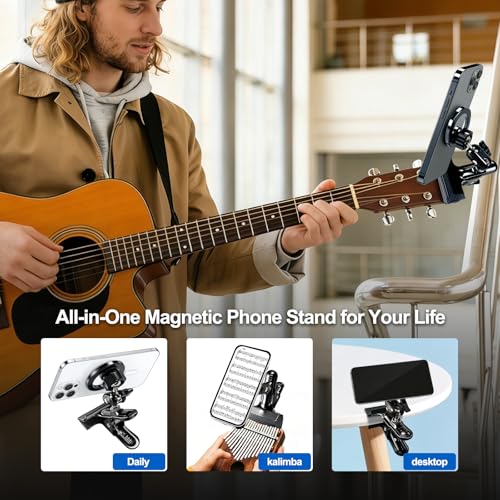 Guitar Phone Holder Magnetic Grip 360° Adjustable Phone Stand Sturdy Headstock Cell Phone Mount for Recording & Reading Music for Guitar, Ukulele, Bass, Desk for iPhone, Samsung, etc. Black