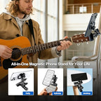 Guitar Phone Holder Magnetic Grip 360° Adjustable Phone Stand Sturdy Headstock Cell Phone Mount for Recording & Reading Music for Guitar, Ukulele, Bass, Desk for iPhone, Samsung, etc. Black