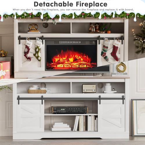 YESHOMY Fireplace TV Stand for Television up to 65+ Inch with Storage and Farmhouse Sliding Barn Doors, Entertainment Center with Cabinet and Shelves, Media Console for Living Room, White - color: White, style: Sliding Barn Doors Fireplace TV Stand
